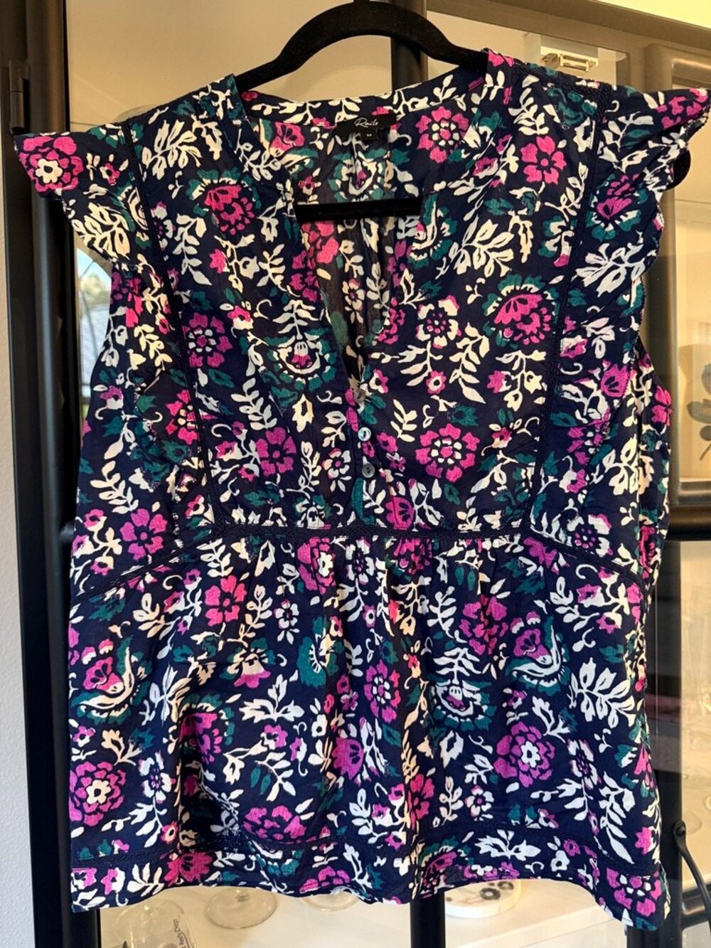 Rails Misha Floral Cotton Flutter Sleeve Top Size M Navy Pink
